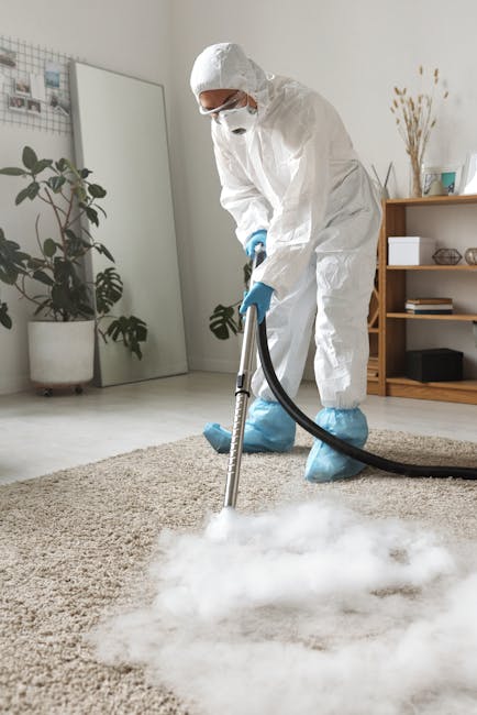 A close-up image of a black carpet vacuum cleaner head positioned on an ornate, patterned carpet with floral motifs in muted colors. The vacuum hose extends upward, with a person's legs visible in the